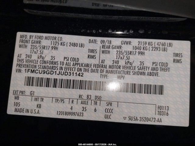 Продаж на аукціоні авто 2018 Ford Escape Se, vin: 1FMCU9GD1JUD31142, номер лоту: 46144880
