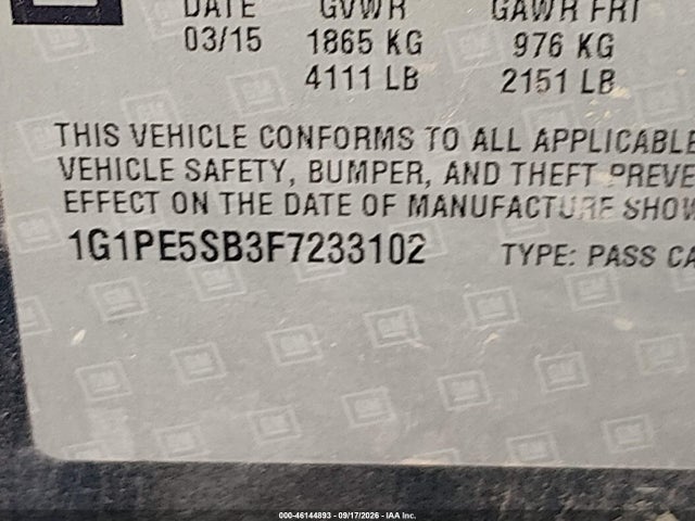46144893 :رقم المزاد ، 1G1PE5SB3F7233102 vin ، 2015 Chevrolet Cruze 2lt Auto مزاد بيع