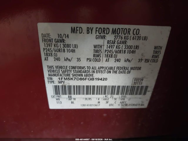 Ford EXPLORER XLT 2015 1FM5K7D86FGB19420 Image 9