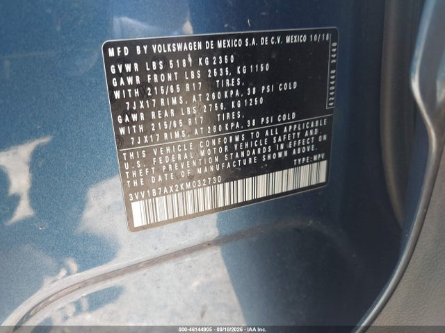Aukcja sprzedaży 2019 Volkswagen Tiguan 2.0t S, vin: 3VV1B7AX2KM032730, numer aukcji: 46144905