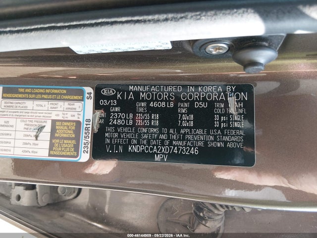 Продажа на аукционе авто 2013 Kia Sportage Ex, vin: KNDPCCA2XD7473246, номер лота: 46144909