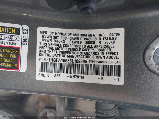 Aukcja sprzedaży 2006 Honda Civic Lx, vin: 1HGFA16586L109895, numer aukcji: 46144914