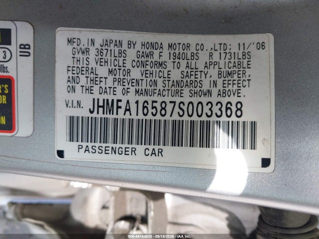 Продажа на аукционе авто 2007 Honda Civic Lx, vin: JHMFA16587S003368, номер лота: 46144925