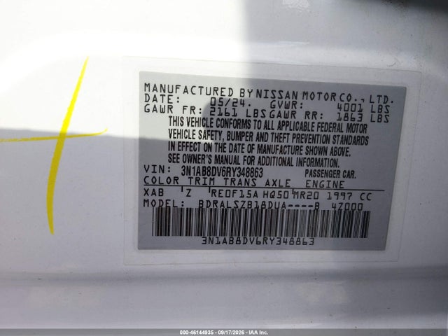 2024 Nissan Sentra Sr Xtronic Cvt მანქანა იყიდება აუქციონზე, vin: 3N1AB8DV6RY348863, აუქციონის ნომერი: 46144935