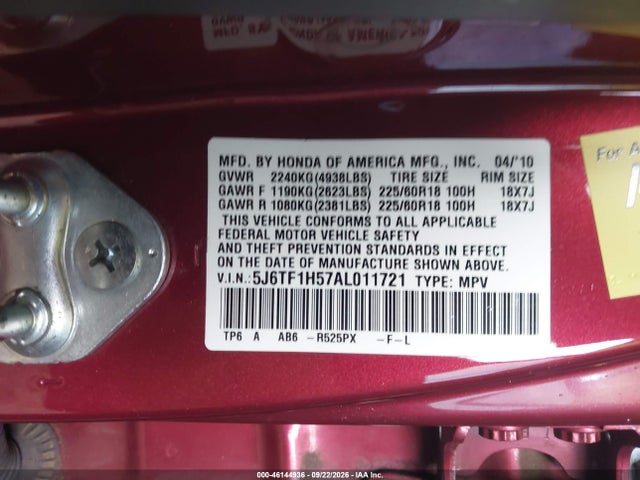 46144936 :رقم المزاد ، 5J6TF1H57AL011721 vin ، 2010 Honda Accord Crosstour Ex-l مزاد بيع