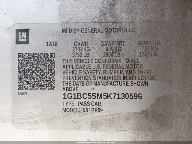 Продажа на аукционе авто 2019 Chevrolet Cruze Ls, vin: 1G1BC5SM5K7130596, номер лота: 46144949
