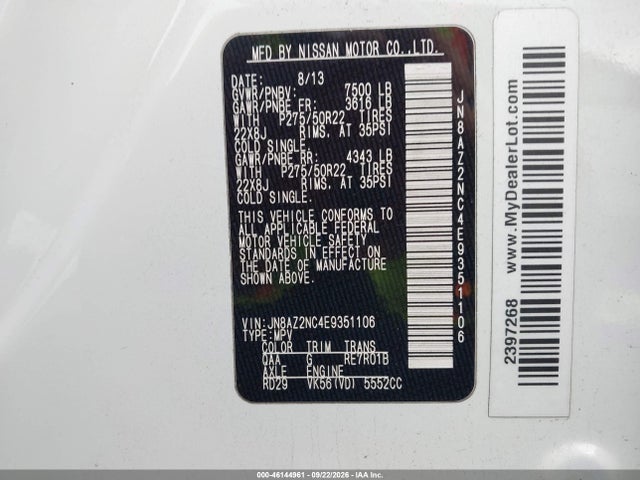 Продажа на аукционе авто 2014 Infiniti Qx80, vin: JN8AZ2NC4E9351106, номер лота: 46144961
