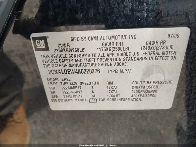 Продажа на аукционе авто 2010 Chevrolet Equinox Lt, vin: 2CNALDEW4A6220276, номер лота: 46144966