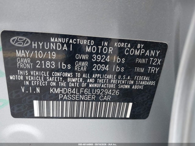 Продаж на аукціоні авто 2020 Hyundai Elantra Value Edition, vin: KMHD84LF6LU929426, номер лоту: 46144969