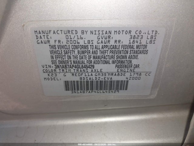 46144985 :رقم المزاد ، 3N1AB7AP4GL645429 vin ، 2016 Nissan Sentra Fe+ S/s/sl/sr/sv مزاد بيع