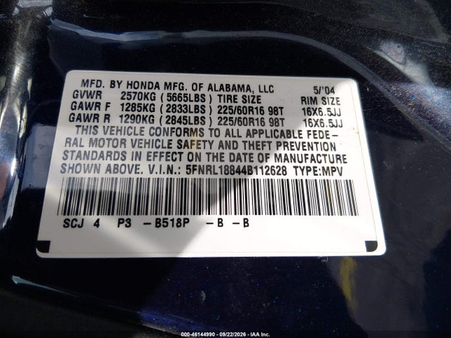 Продаж на аукціоні авто 2004 Honda Odyssey Ex, vin: 5FNRL18844B112628, номер лоту: 46144990