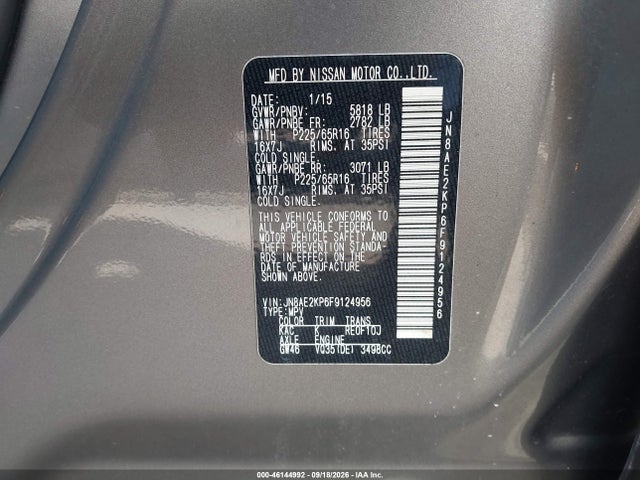 2015 Nissan Quest მანქანა იყიდება აუქციონზე, vin: JN8AE2KP6F9124956, აუქციონის ნომერი: 46144992