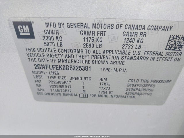 46144999 :رقم المزاد ، 2GNFLFEK0G6225381 vin ، 2016 Chevrolet Equinox Lt مزاد بيع