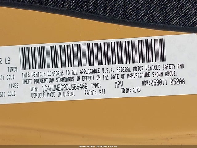 Auction sale of the 2013 Jeep Wrangler Unlimited Sahara, vin: 1C4HJWEG2DL685406, lot number: 46145008