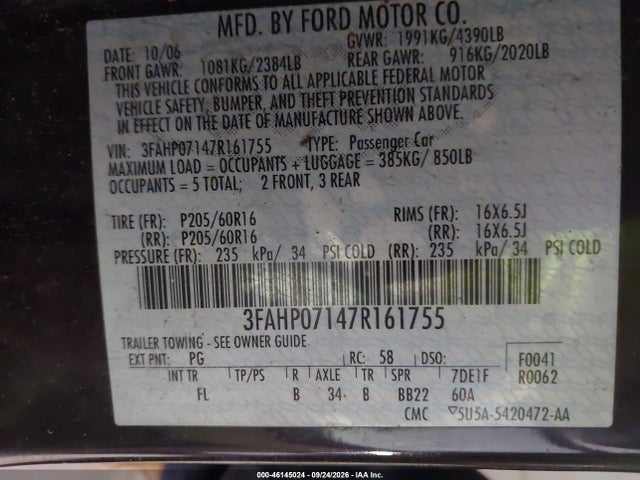 Продажа на аукционе авто 2007 Ford Fusion Se, vin: 3FAHP07147R161755, номер лота: 46145024