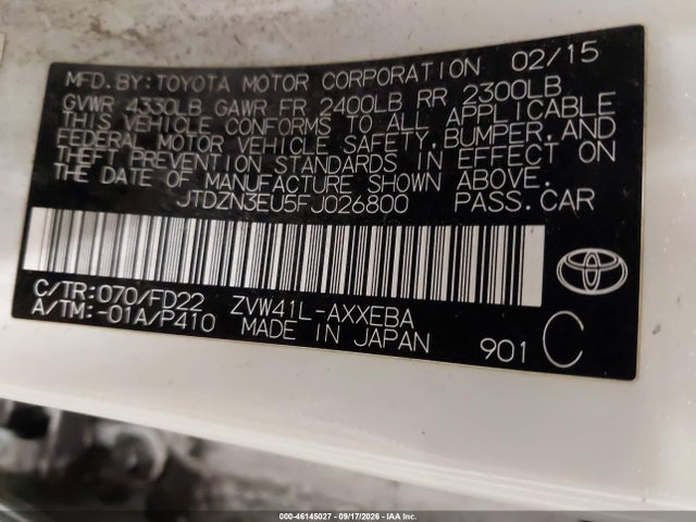 Auction sale of the 2015 Toyota Prius V Two, vin: JTDZN3EU5FJ026800, lot number: 46145027