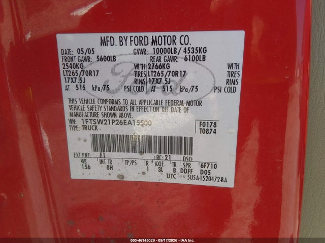 Aukcja sprzedaży 2006 Ford F-250 Lariat/xl/xlt, vin: 1FTSW21P26EA15500, numer aukcji: 46145029