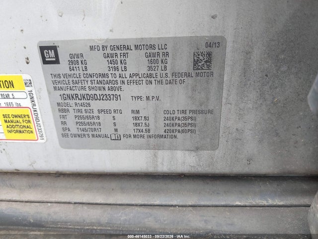 46145033 :رقم المزاد ، 1GNKRJKD9DJ233791 vin ، 2013 Chevrolet Traverse 2lt مزاد بيع