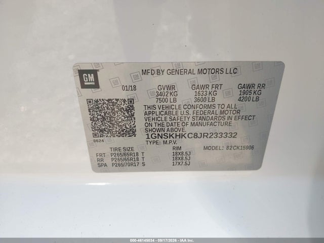 46145034 :رقم المزاد ، 1GNSKHKC8JR233332 vin ، 2018 Chevrolet Suburban Lt مزاد بيع