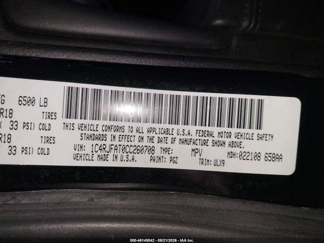 46145042 :رقم المزاد ، 1C4RJFAT0CC260708 vin ، 2012 Jeep Grand Cherokee Laredo مزاد بيع