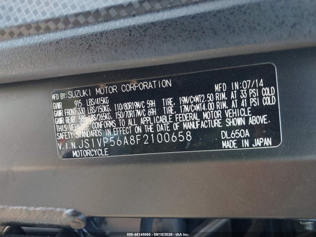 46145065 :رقم المزاد ، JS1VP56A8F2100658 vin ، 2015 Suzuki Dl650 A مزاد بيع