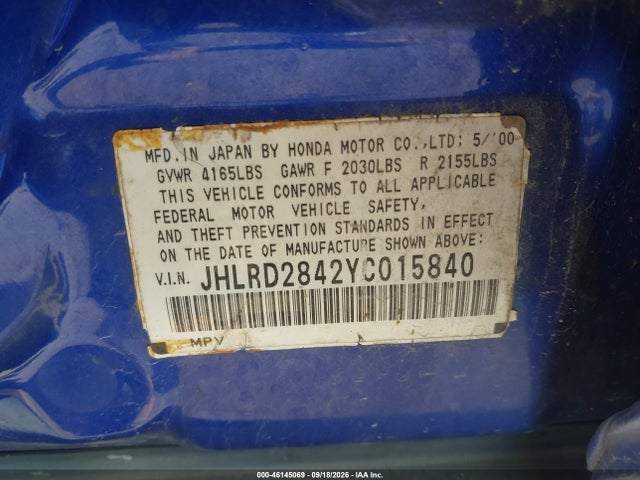 Продаж на аукціоні авто 2000 Honda Cr-v Lx, vin: JHLRD2842YC015840, номер лоту: 46145069