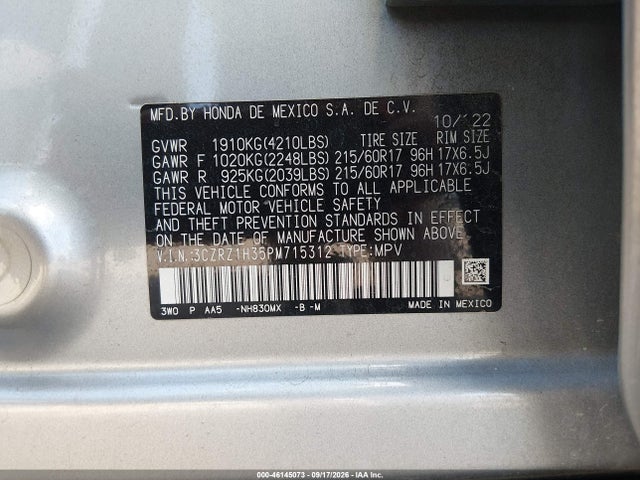 46145073 :رقم المزاد ، 3CZRZ1H35PM715312 vin ، 2023 Honda Hr-v 2wd Lx مزاد بيع