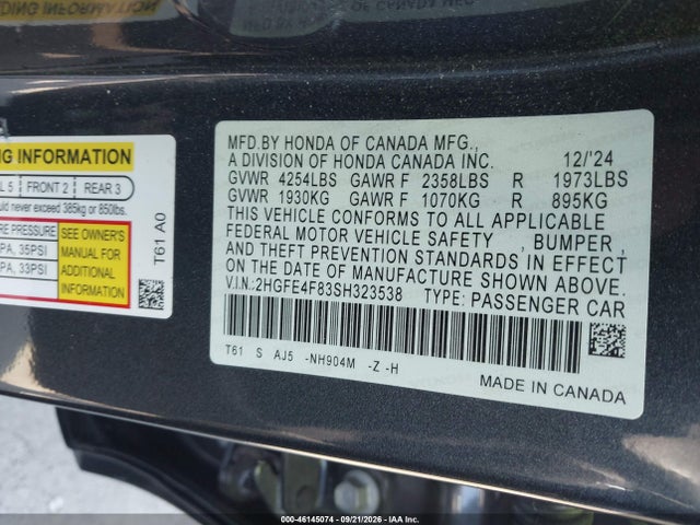 2HGFE4F83SH323538 Honda Civic Hybrid Sport/sport Touring