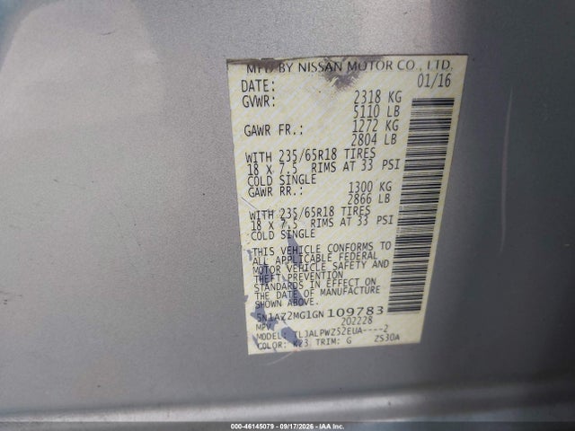 Продажа на аукционе авто 2016 Nissan Murano Platinum/s/sl/sv, vin: 5N1AZ2MG1GN109783, номер лота: 46145079