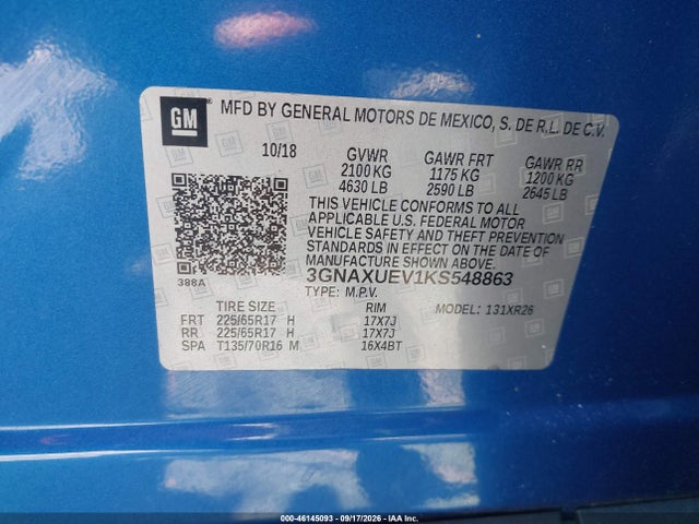 46145093 :رقم المزاد ، 3GNAXUEV1KS548863 vin ، 2019 Chevrolet Equinox Lt مزاد بيع