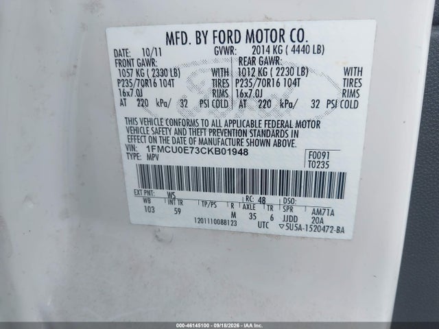 Aukcja sprzedaży 2012 Ford Escape Limited, vin: 1FMCU0E73CKB01948, numer aukcji: 46145100