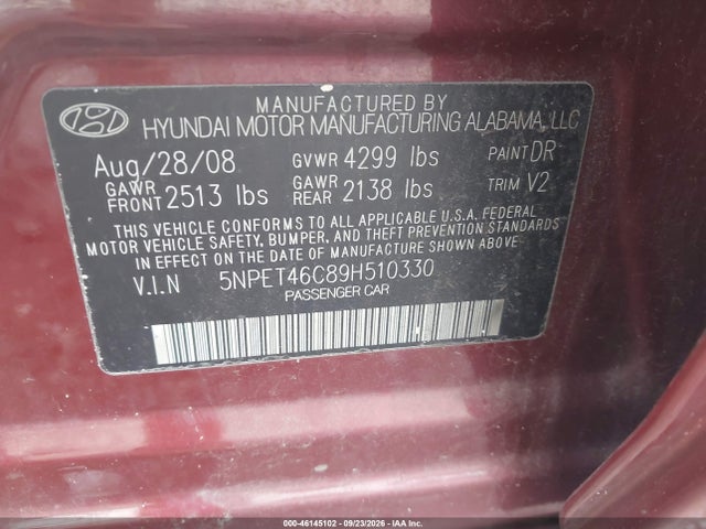Продаж на аукціоні авто 2009 Hyundai Sonata Gls, vin: 5NPET46C89H510330, номер лоту: 46145102