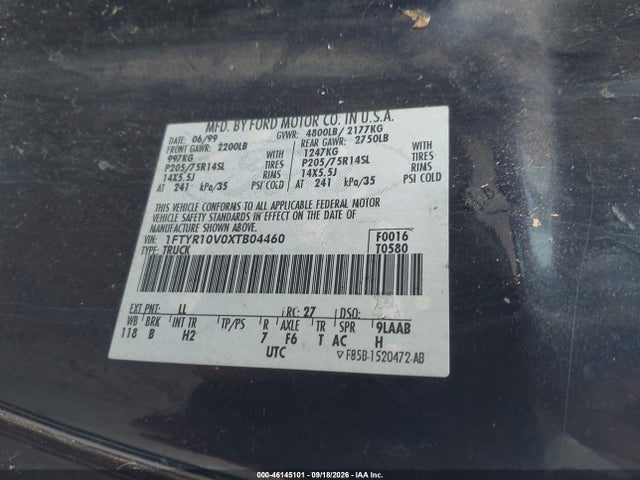 46145101 :رقم المزاد ، 1FTYR10V0XTB04460 vin ، 1999 Ford Ranger Xl/xlt مزاد بيع