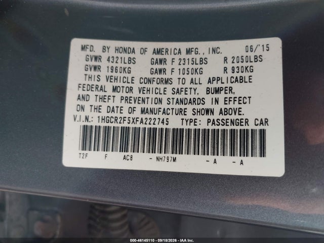 2015 Honda Accord Sport მანქანა იყიდება აუქციონზე, vin: 1HGCR2F5XFA222745, აუქციონის ნომერი: 46145110