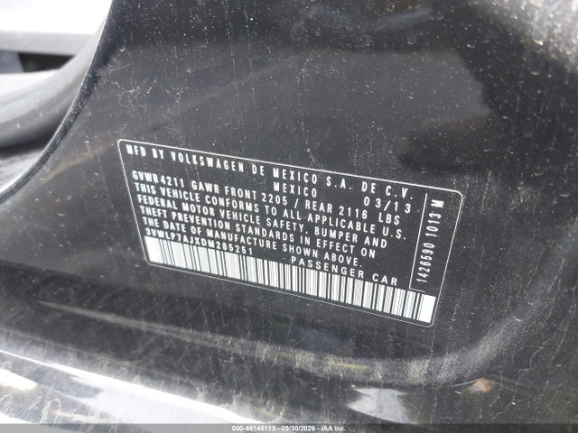 46145113 :رقم المزاد ، 3VWLP7AJXDM285251 vin ، 2013 Volkswagen Jetta 2.5l Sel مزاد بيع