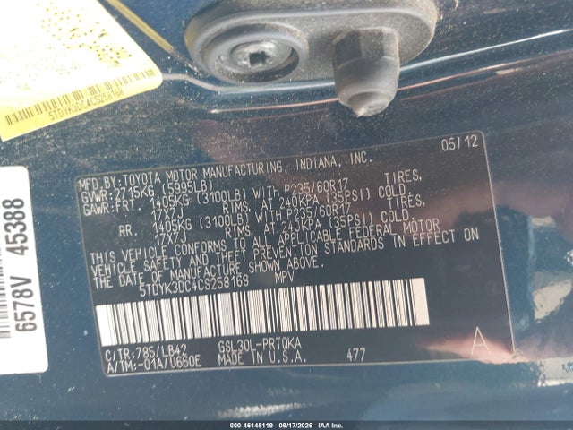 46145119 :رقم المزاد ، 5TDYK3DC4CS258168 vin ، 2012 Toyota Sienna Xle V6 8 Passenger مزاد بيع