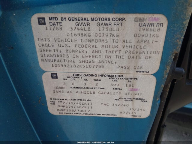 46145121 :رقم المزاد ، 1G1YY2182K5107755 vin ، 1989 Chevrolet Corvette مزاد بيع