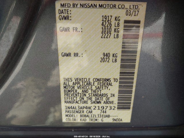 2017 Nissan Altima 2.5 Sv მანქანა იყიდება აუქციონზე, vin: 1N4AL3AP4HC219732, აუქციონის ნომერი: 46145124