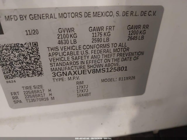 46145148 :رقم المزاد ، 3GNAXUEV8MS125801 vin ، 2021 Chevrolet Equinox Awd Lt مزاد بيع
