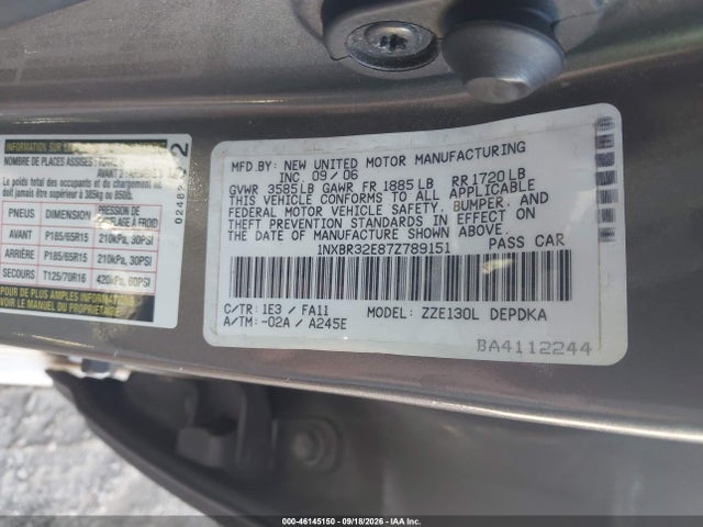 46145150 :رقم المزاد ، 1NXBR32E87Z789151 vin ، 2007 Toyota Corolla Ce مزاد بيع