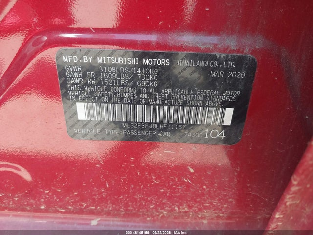 Aukcja sprzedaży 2020 Mitsubishi Mirage G4 Es, vin: ML32F3FJ8LHF11167, numer aukcji: 46145159