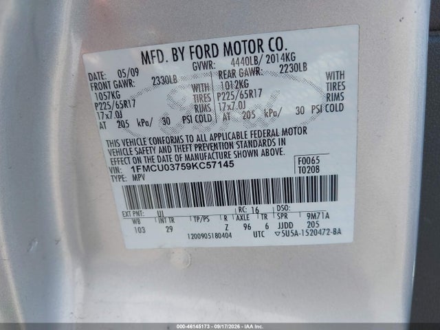 Продаж на аукціоні авто 2009 Ford Escape Xlt, vin: 1FMCU03759KC57145, номер лоту: 46145173