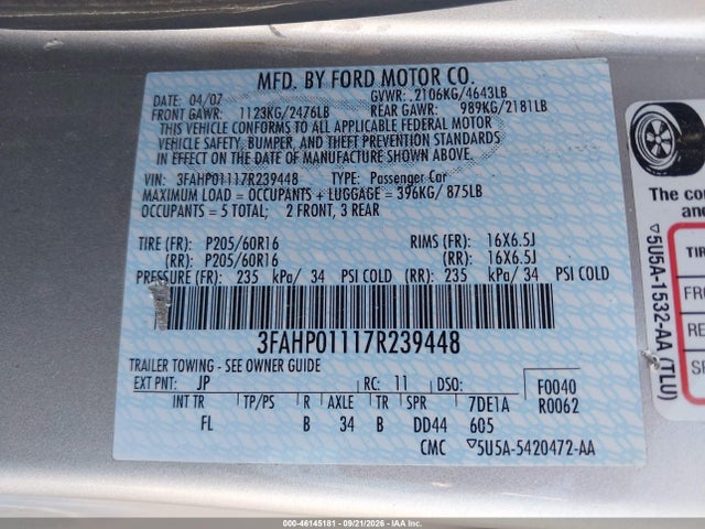 Продаж на аукціоні авто 2007 Ford Fusion Se, vin: 3FAHP01117R239448, номер лоту: 46145181