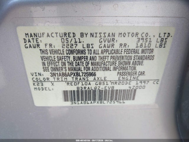 Aukcja sprzedaży 2011 Nissan Sentra 2.0, vin: 3N1AB6APXBL725966, numer aukcji: 46145184