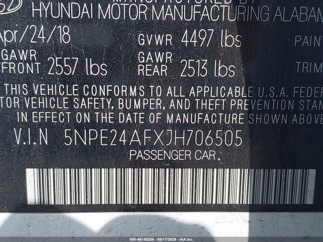 46145204 :رقم المزاد ، 5NPE24AFXJH706505 vin ، 2018 Hyundai Sonata Se مزاد بيع