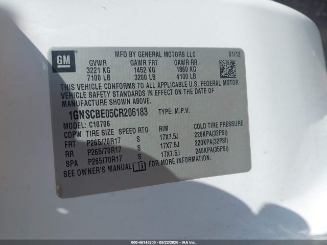 Aukcja sprzedaży 2012 Chevrolet Tahoe Lt, vin: 1GNSCBE05CR206183, numer aukcji: 46145205