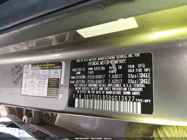 2013 Hyundai Santa Fe Sport მანქანა იყიდება აუქციონზე, vin: 5XYZU3LB5DG013627, აუქციონის ნომერი: 46145207