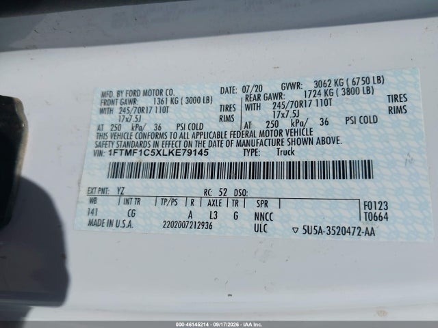 2020 Ford F-150 Xl მანქანა იყიდება აუქციონზე, vin: 1FTMF1C5XLKE79145, აუქციონის ნომერი: 46145214