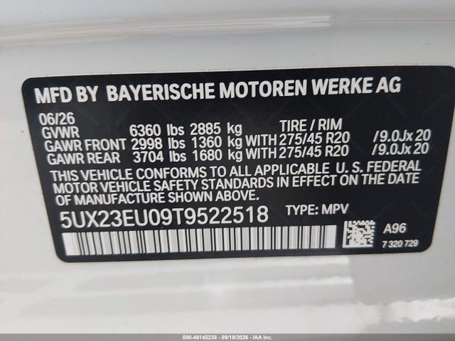 2026 Bmw X5 Xdrive40i მანქანა იყიდება აუქციონზე, vin: 5UX23EU09T9522518, აუქციონის ნომერი: 46145238