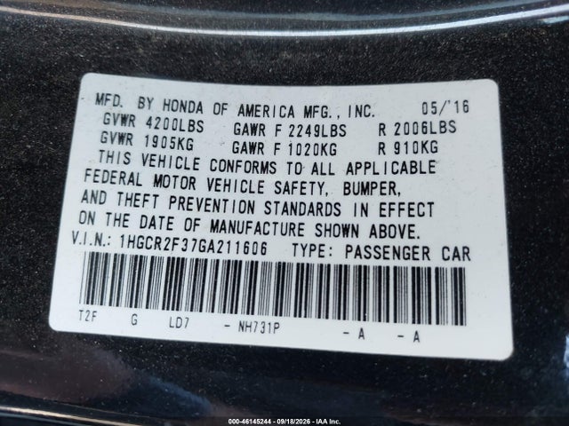 Honda ACCORD LX 2016 1HGCR2F37GA211606 Image 9